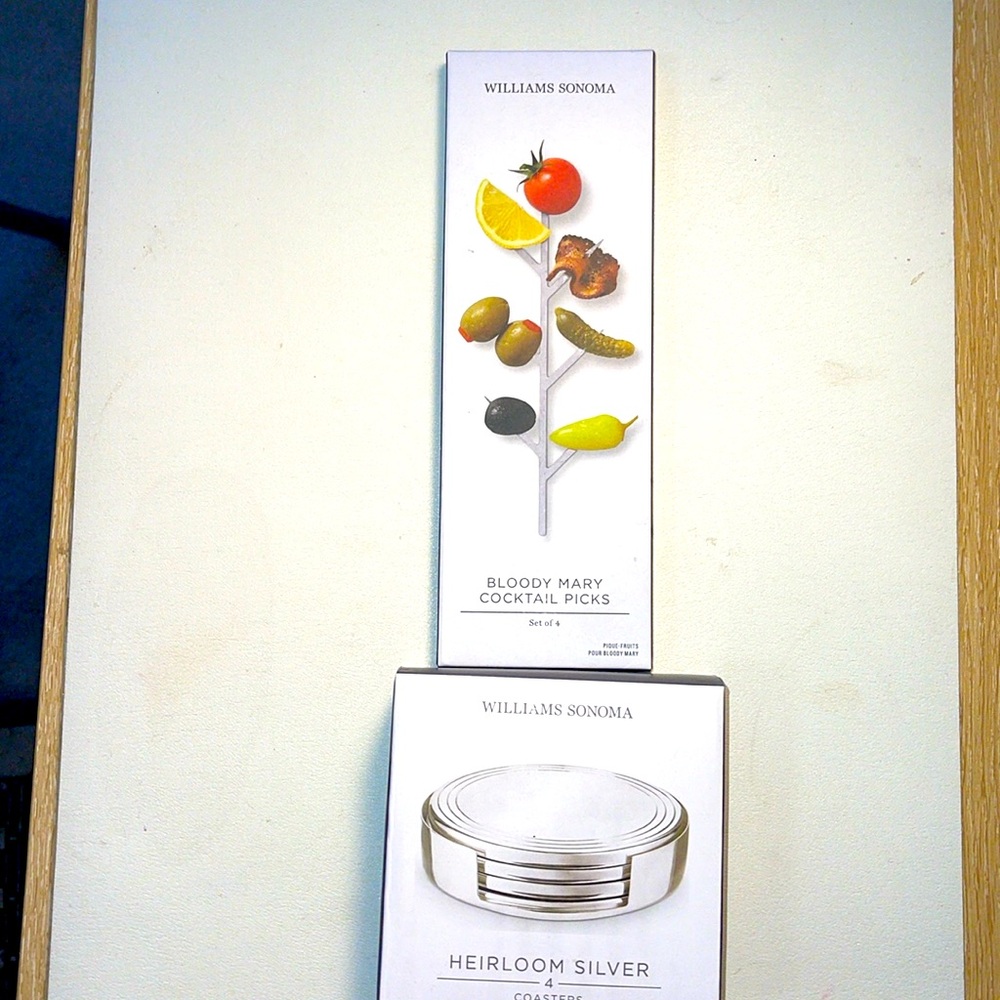 NWT-Bundle- William Sonoma bloody Mary cocktail pics & silver set of 4 coasters
